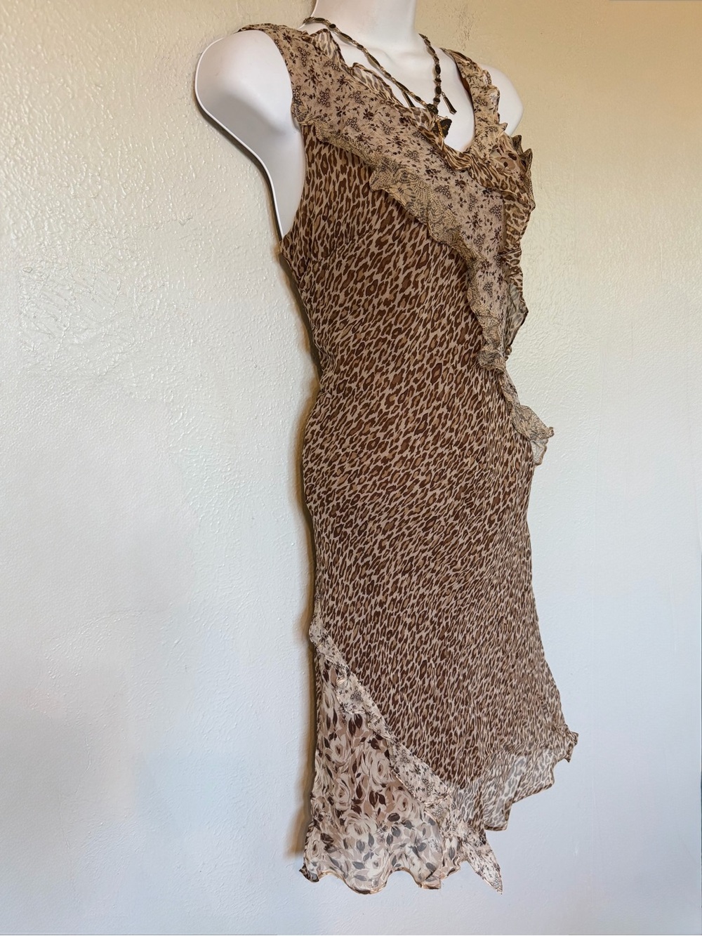 Y2K VTG 100% Silk Ruffle Tiered Floral & Leopard Print Asymmetrical Midi Dress 6 - Picture 6 of 11